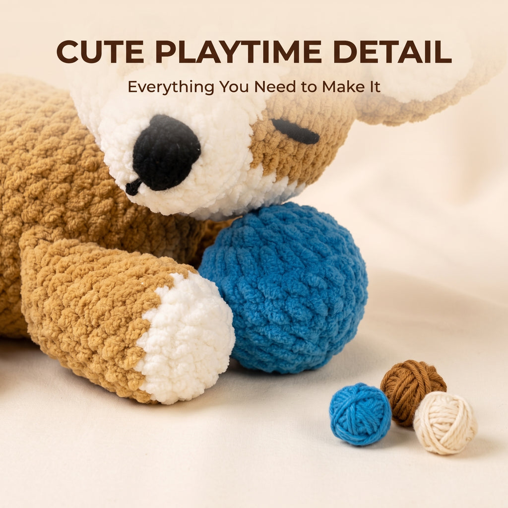 A crocheted plush toy in tan and cream with a blue ball, plus three small yarn balls, on a soft beige background with the text 'CUTE PLAYTIME DETAIL' and 'Everything You Need to Make It'.