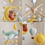 Aviator Fox Felt Baby Mobile, Moon and Stars Crib Mobile with Airplane & Hot Air Balloon, Adventure Nursery Decor