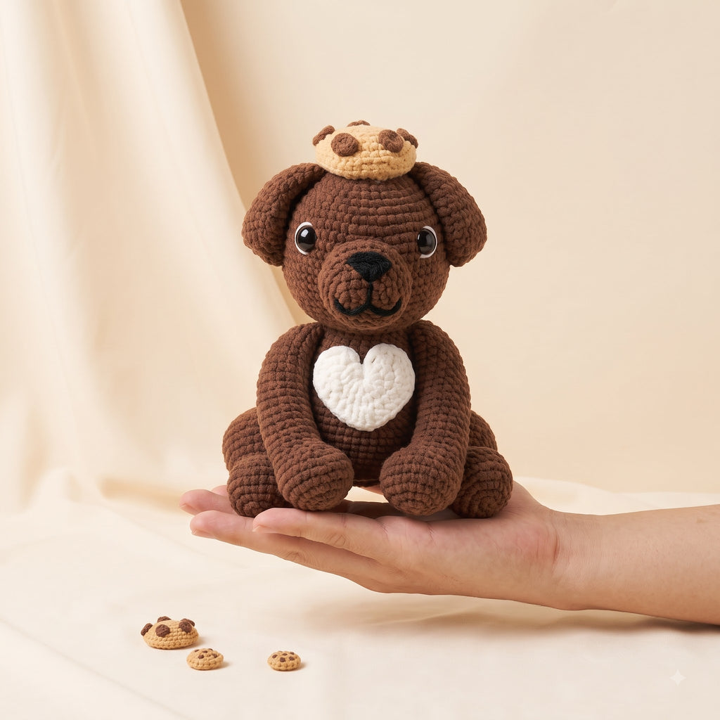 A brown crocheted plush puppy toy with a white heart on its chest and a small cookie crown sits on a person's hand against a warm beige fabric backdrop.