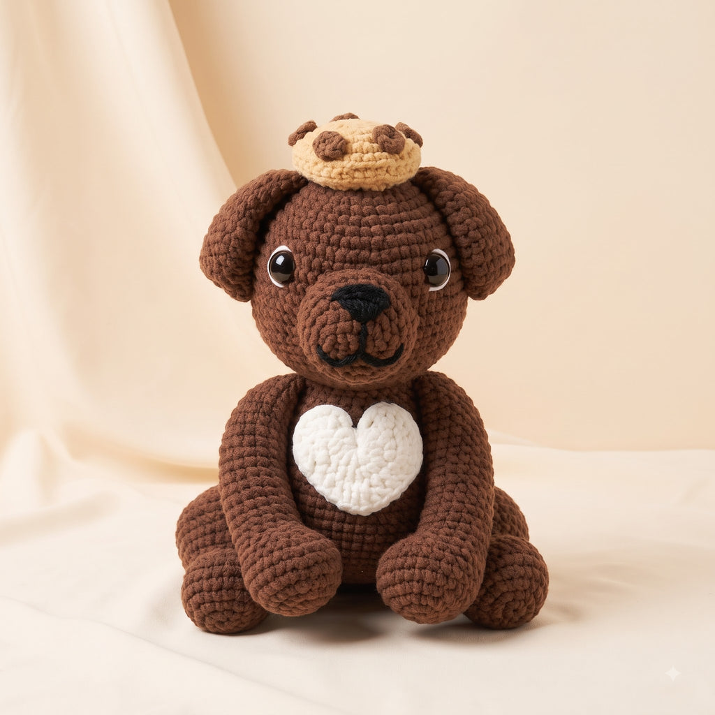 A crocheted plush puppy toy in medium brown, featuring a white heart on its chest, a small beige crown, and large glossy black eyes, posed against a soft beige draped fabric background.