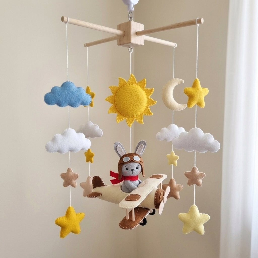 Vintage Aviator Bunny Felt Baby Mobile, Handmade Biplane Crib Hanging with Sun, Moon, Clouds and Stars