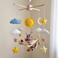 Vintage Aviator Bunny Felt Baby Mobile, Handmade Biplane Crib Hanging with Sun, Moon, Clouds and Stars