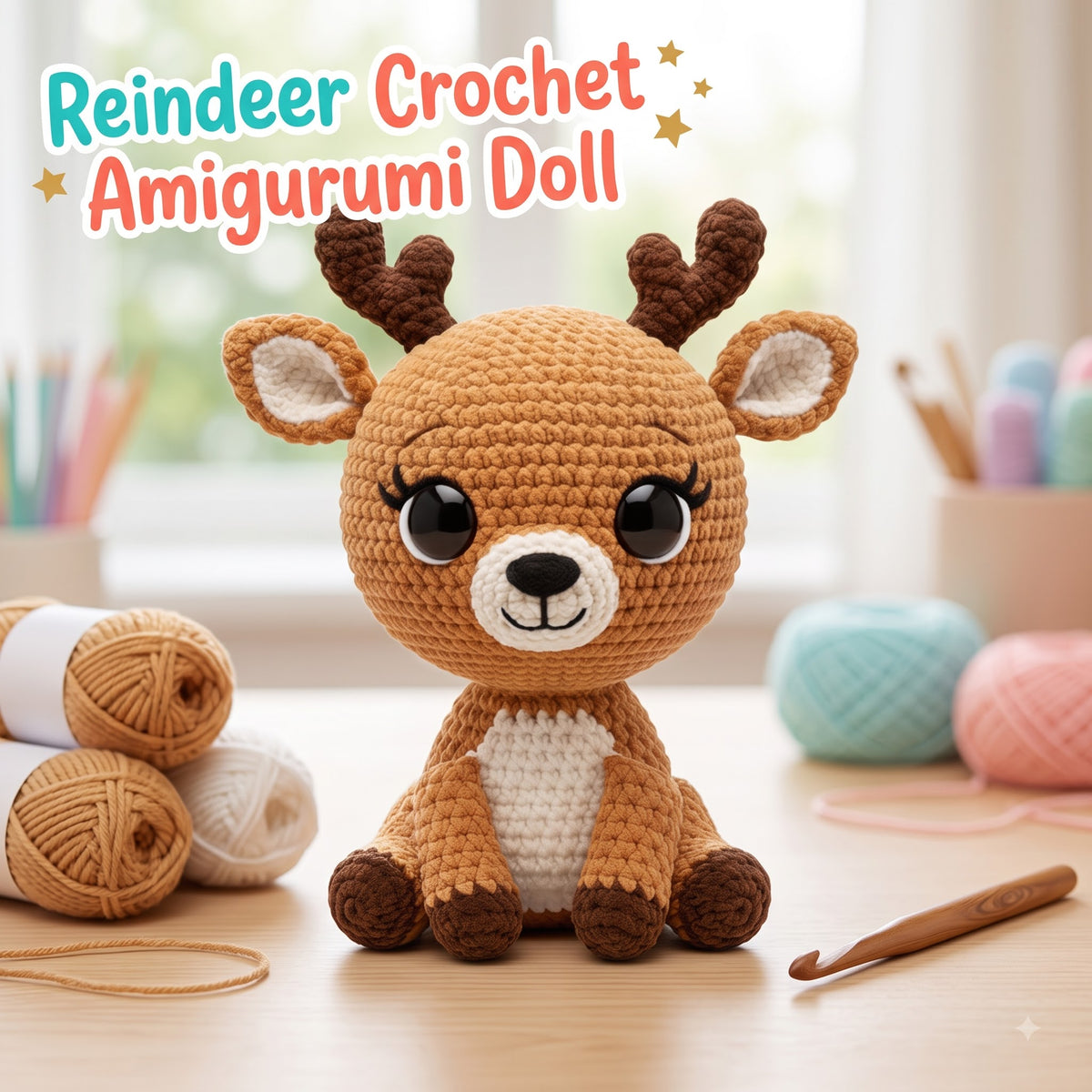 A crocheted amigurumi doll shaped like a reindeer sits on a wooden table in a bright, softly blurred craft room. The text 'Reindeer Crochet Amigurumi Doll' appears in the upper left corner.