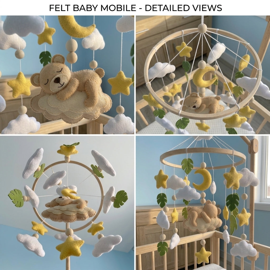 Felt Teddy Bear Baby Mobile, Moon Stars Clouds Leaves Nursery Crib Decor for Baby Boy Girl, Neutral Baby Shower Gift