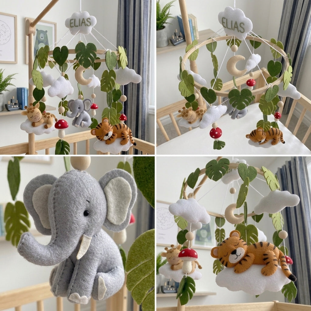 Personalized Felt Safari Baby Mobile with Giraffe Elephant Tiger Leaves Moon Clouds