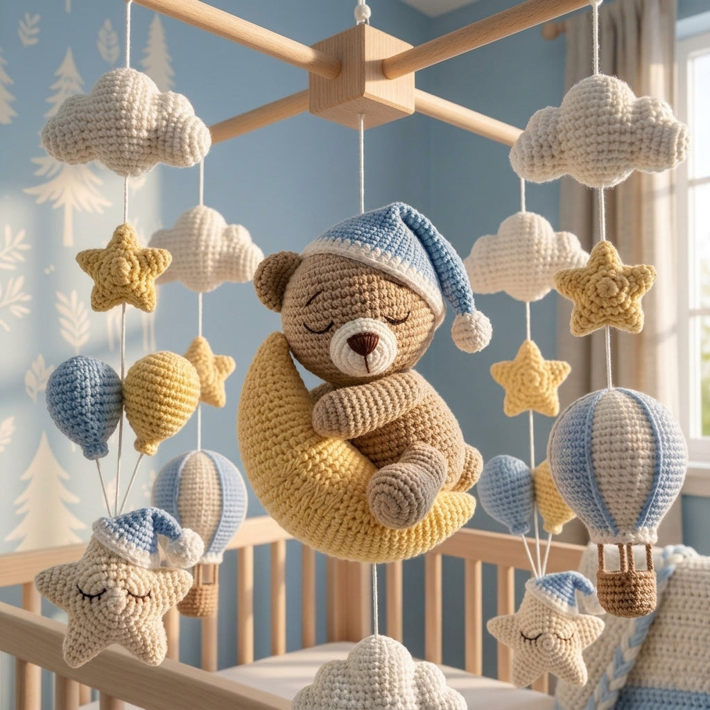 Crochet Teddy Bear Baby Mobile, Sleeping Bear on Moon Crib Mobile