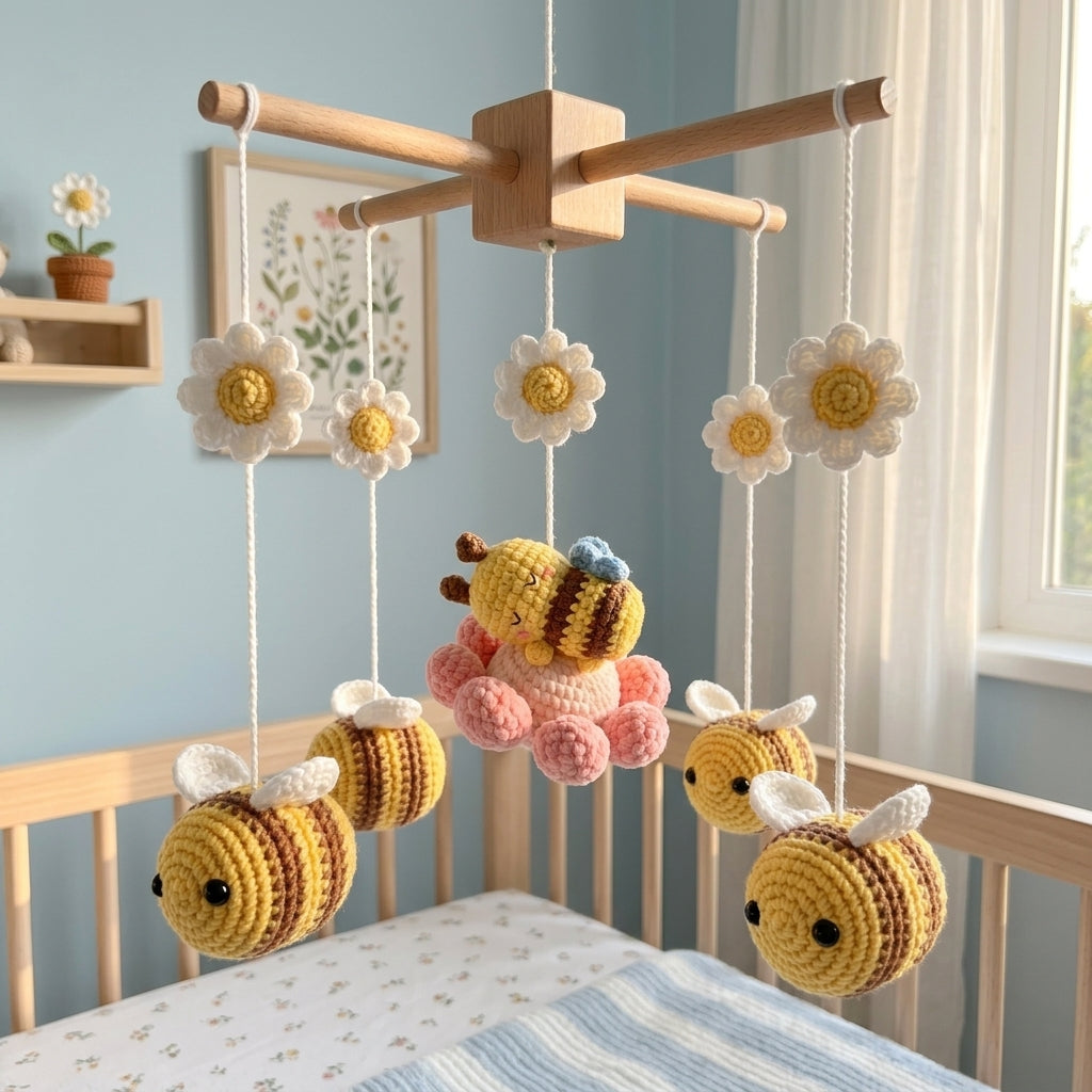Crochet Bee Baby Mobile, Daisy Flower Crib Mobile