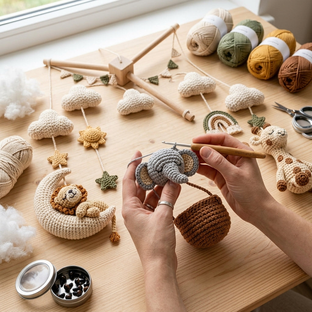 Crochet Safari Baby Mobile, Nursery Crib Mobile Decor