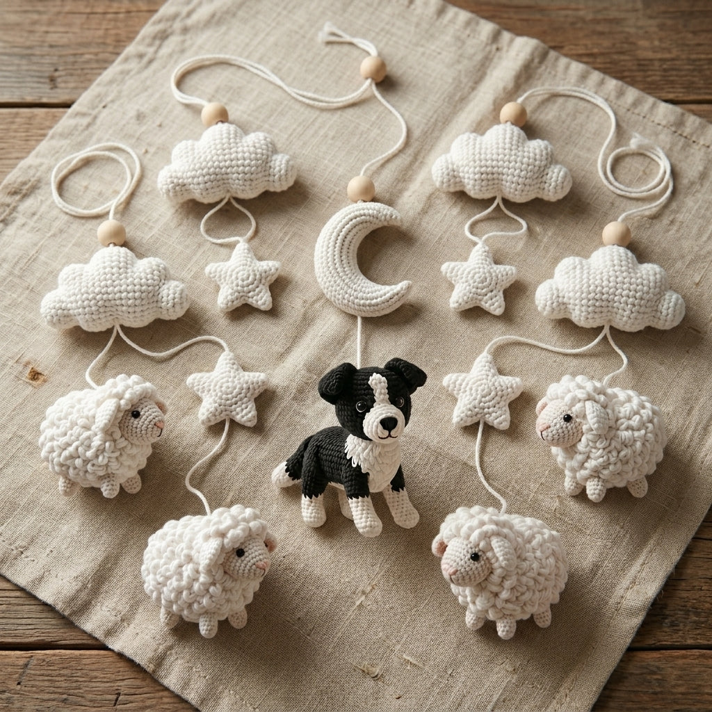 Crochet Border Collie Baby Mobile, Sheep Baby Crochet
