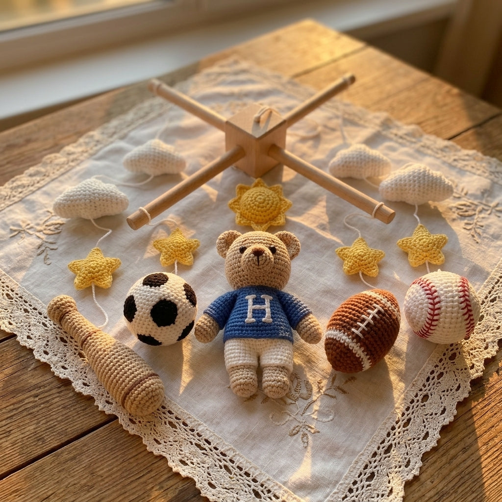 PersonalizedCrochet Sports Baby Mobile, Teddy Bear Crib Mobile