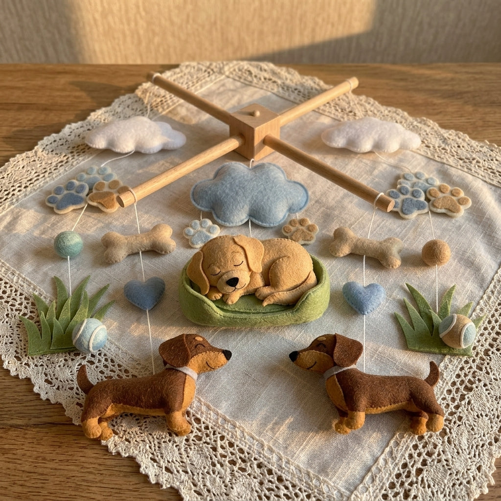 Felt Dog Baby Mobile, Puppy Nursery Crib Decor with Paw