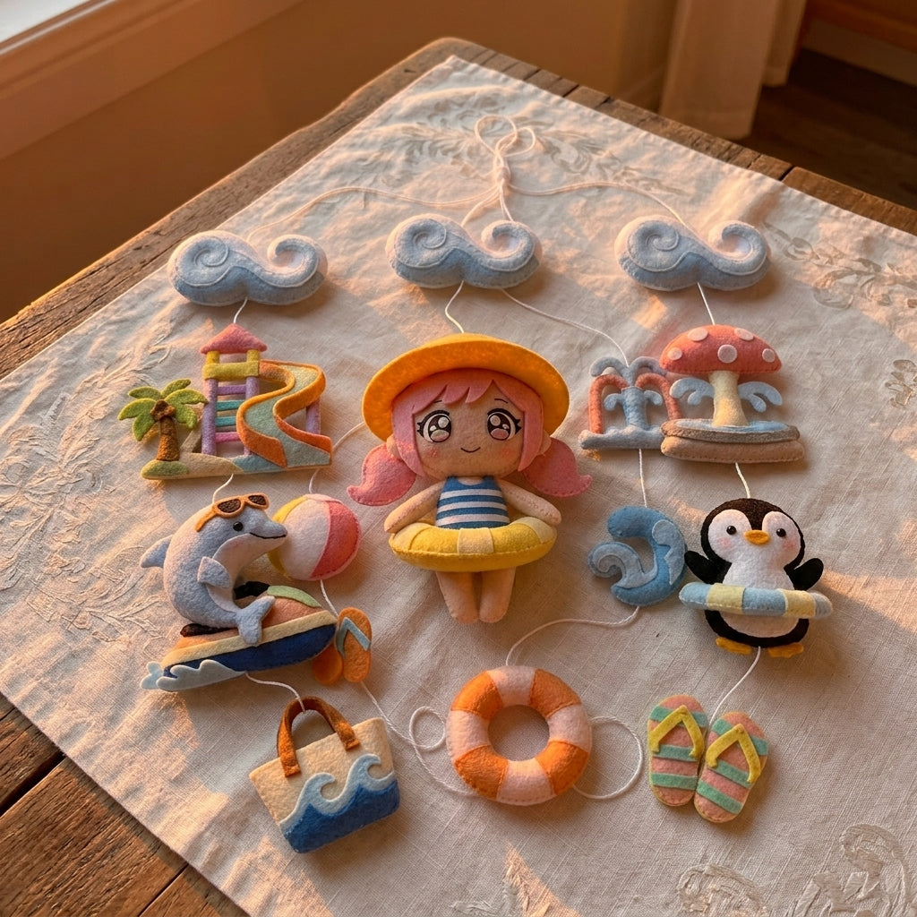 Felt Water Park Baby Mobile, Summer Pool Nursery Crib Decor