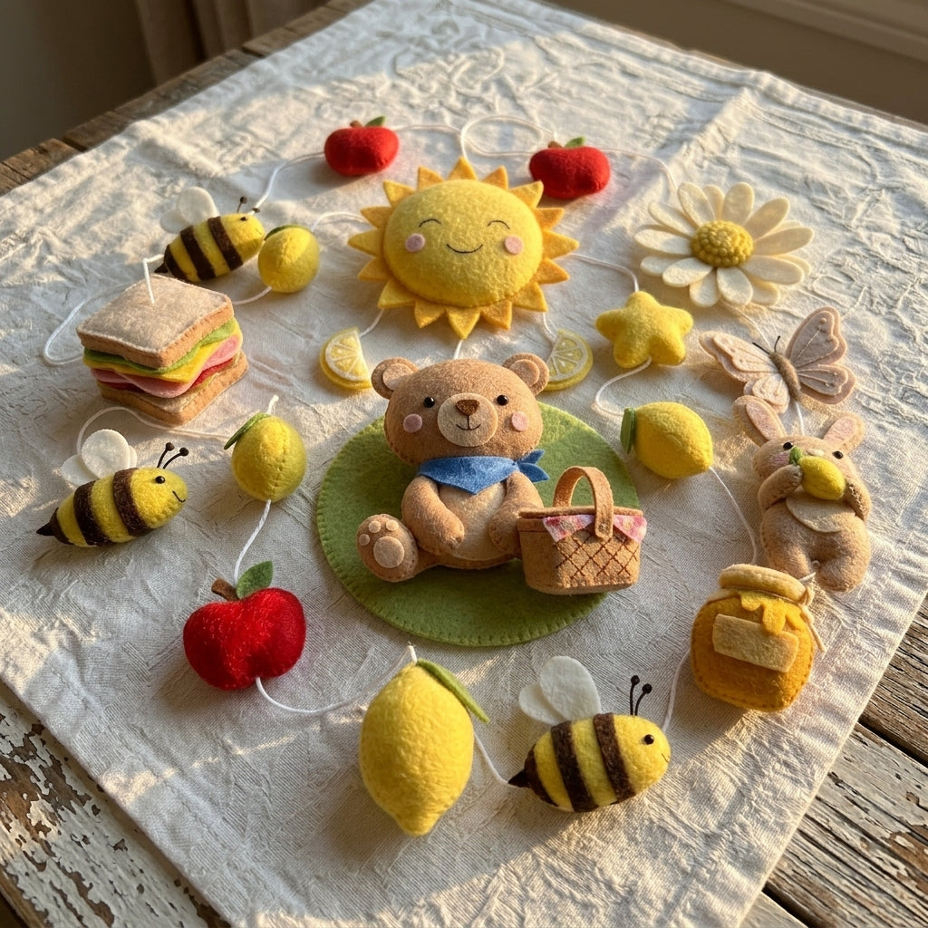 Felt Summer Picnic Baby Mobile, Bear Bunny Bee Lemon Sun Daisy Apple Basket Nursery Crib Decor