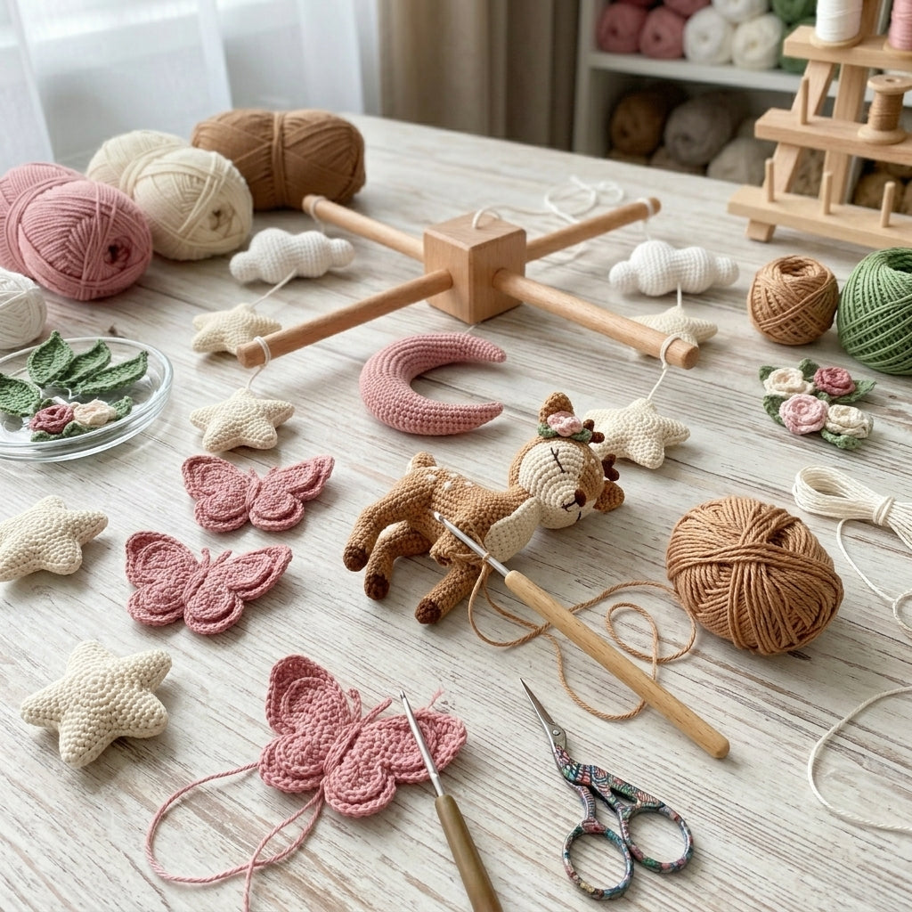Crochet Deer Baby Mobile, Butterfly Flower Nursery Crib Mobile