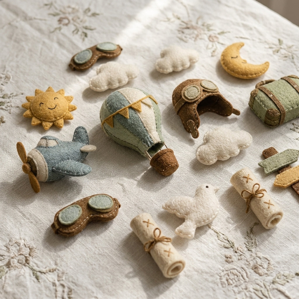 Felt Travel Baby Mobile with Airplane Hot Air Balloon Clouds Moon Stars and Pilot Theme Nursery Crib Decor Baby Shower Gift