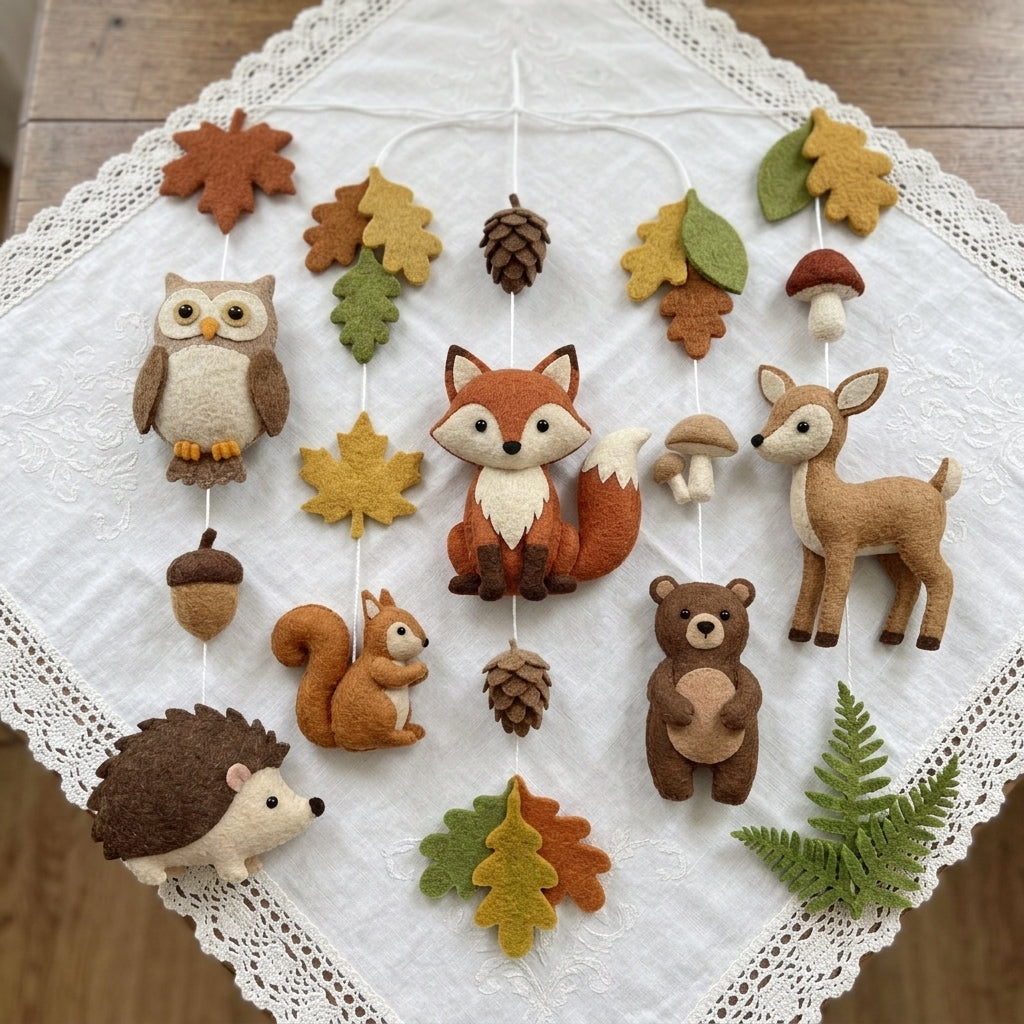Felt Woodland Animals Baby Mobile, Fox Deer Bear Owl Squirrel Hedgehog