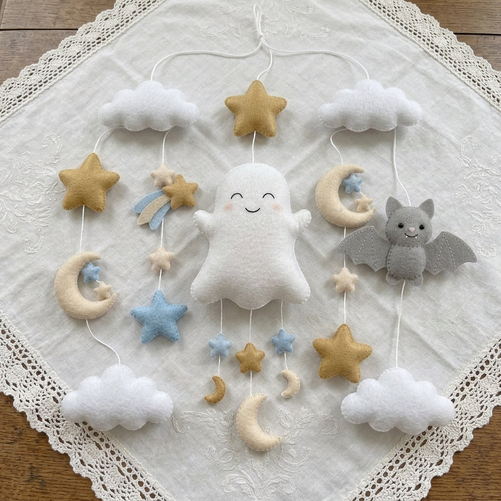 Felt Ghost Baby Mobile, Cute Bat Moon Stars Clouds Nursery Crib Decor
