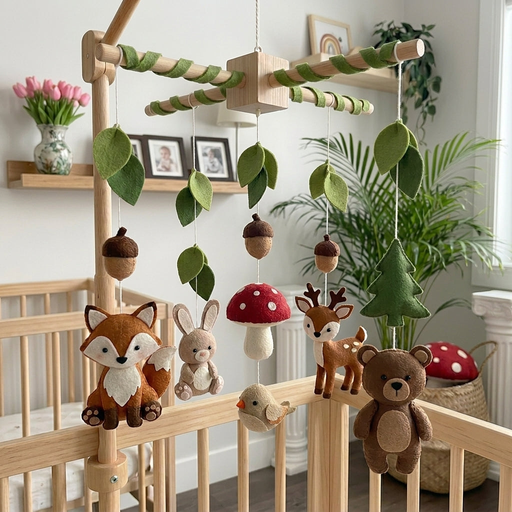 A wooden baby crib with a hanging forest-themed mobile featuring felt animals and shapes including a fox, rabbit, deer, bear, acorns, leaves, and a mushroom, shown in a bright nursery setting.