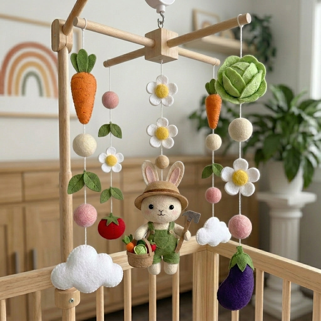 Felt Garden Bunny Baby Mobile, Farm Nursery Crib Decor Baby Shower Gift