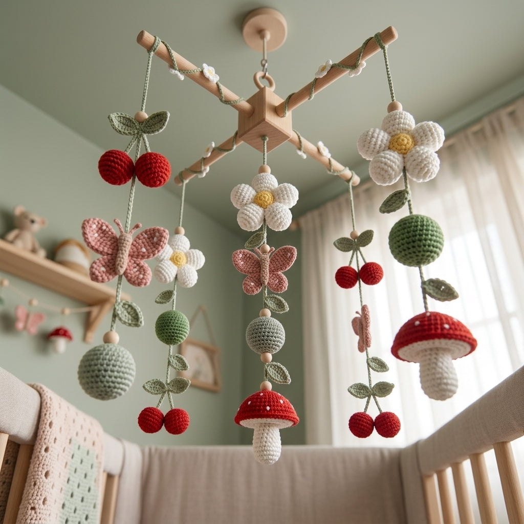 Crochet Garden Baby Mobile, Daisy Cherry Butterfly Mushroom Crib Mobile