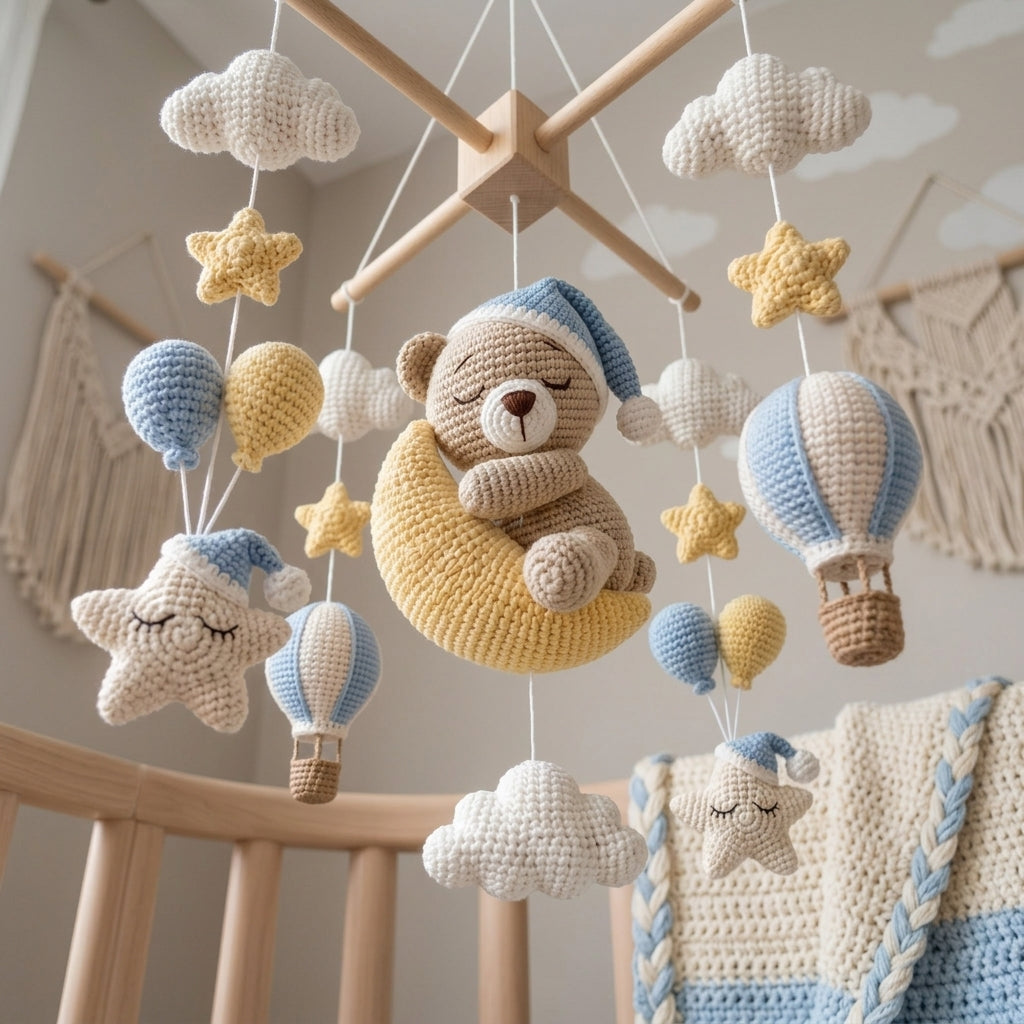 Crochet Teddy Bear Baby Mobile, Sleeping Bear on Moon Crib Mobile