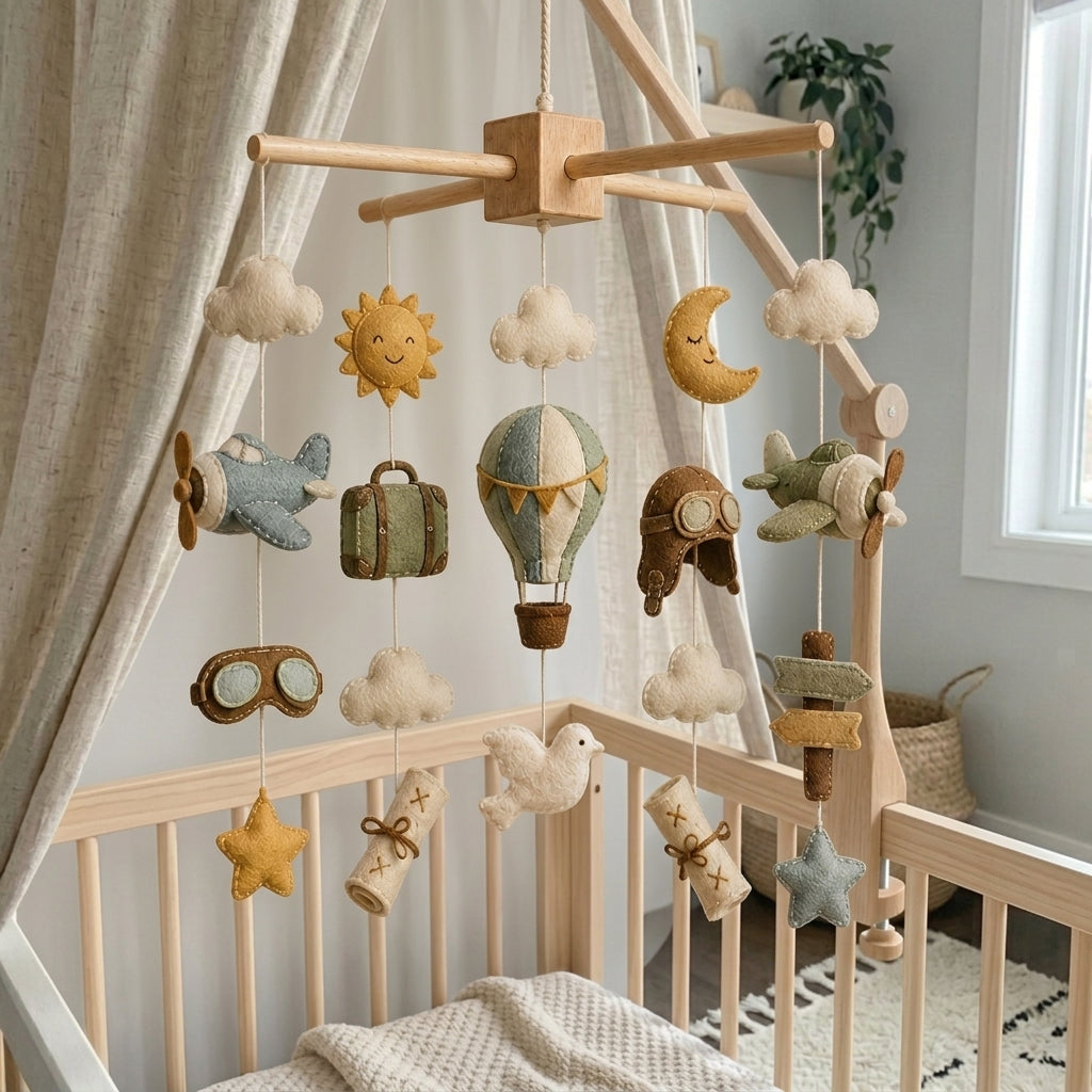 Felt Travel Baby Mobile with Airplane Hot Air Balloon Clouds Moon Stars and Pilot Theme Nursery Crib Decor Baby Shower Gift