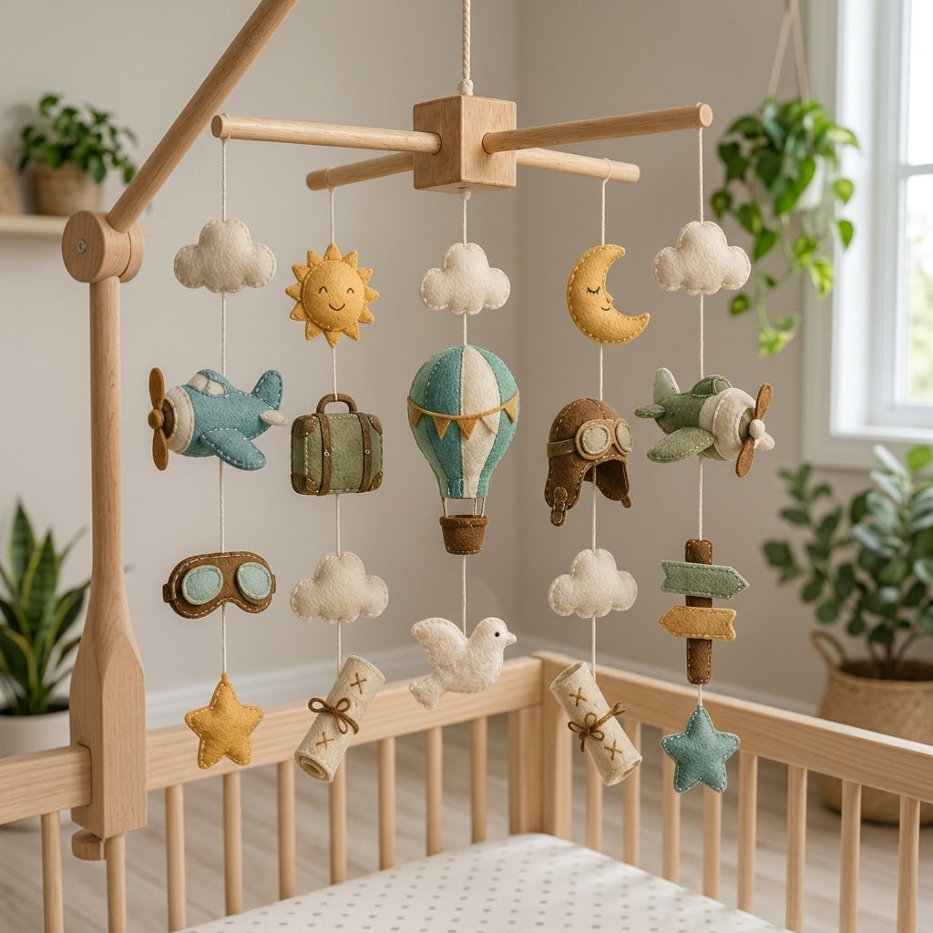 Felt Travel Baby Mobile with Airplane Hot Air Balloon Clouds Moon Stars and Pilot Theme Nursery Crib Decor Baby Shower Gift