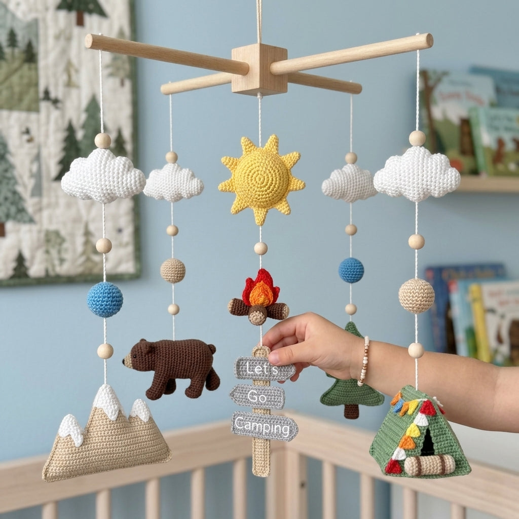 Crochet Camping Baby Mobile, Mountain Crib Mobile