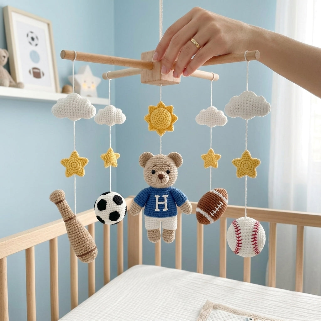 PersonalizedCrochet Sports Baby Mobile, Teddy Bear Crib Mobile