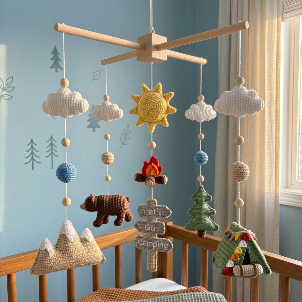 Crochet Camping Baby Mobile, Mountain Crib Mobile