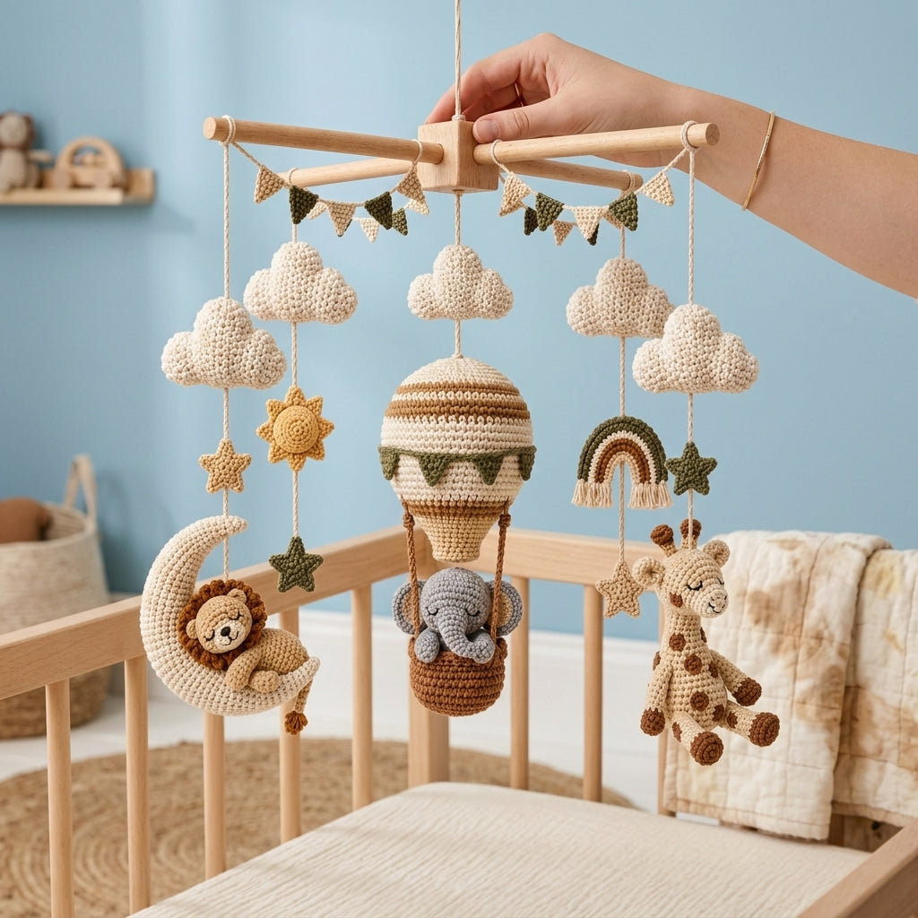 Crochet Safari Baby Mobile, Nursery Crib Mobile Decor