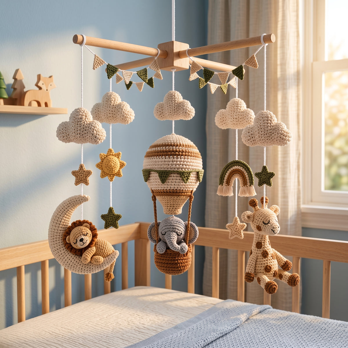 Crochet safari hot air balloon baby mobile with lion, elephant, giraffe, moon, rainbow, clouds and stars