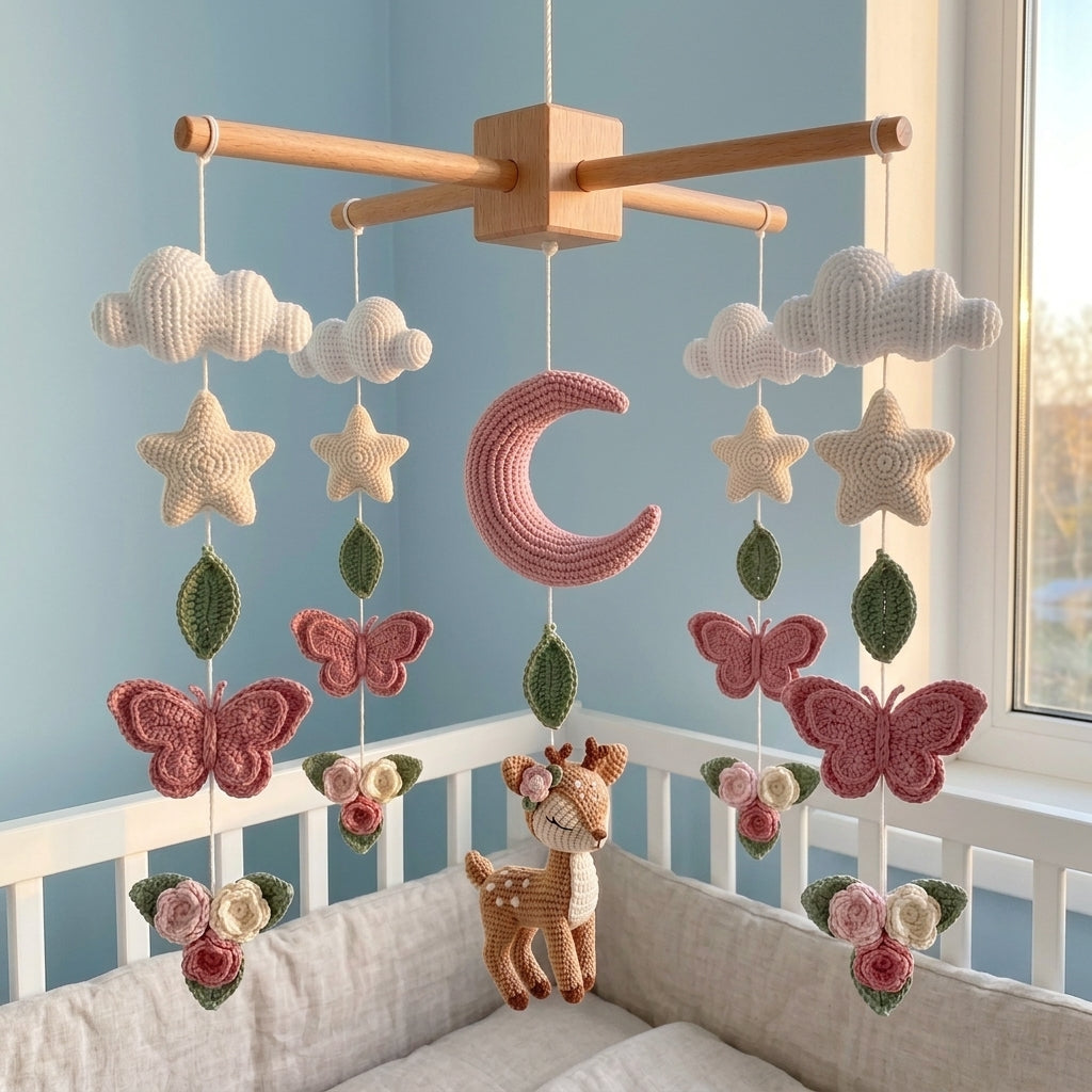 Crochet Deer Baby Mobile, Butterfly Flower Nursery Crib Mobile