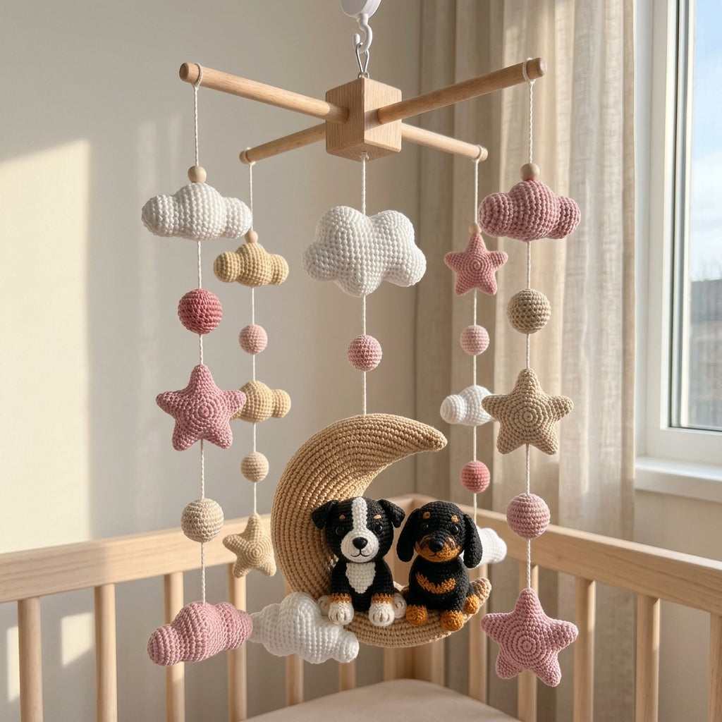 Crochet Dog Baby Mobile, Puppy Moon Crib Mobile