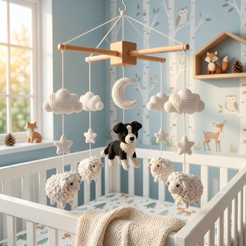 Crochet Border Collie Baby Mobile, Sheep Baby Crochet