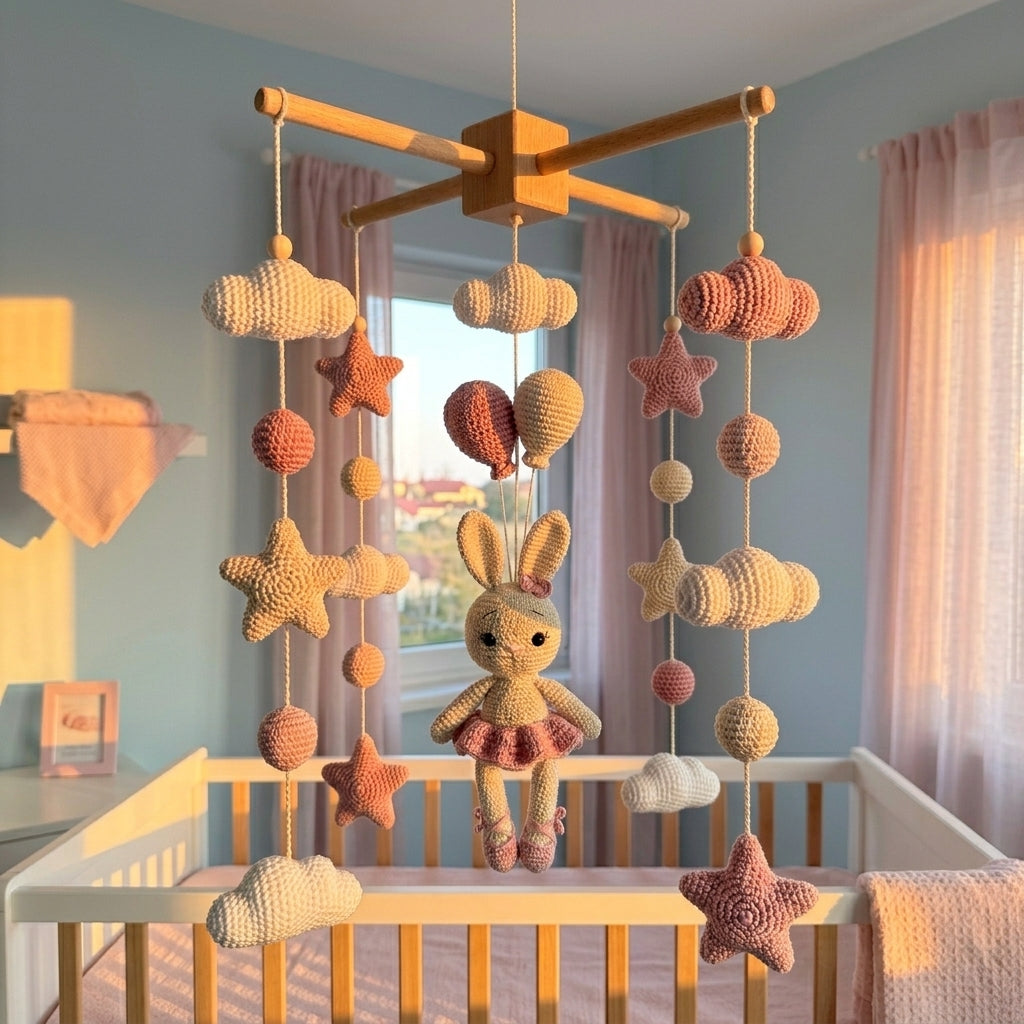 A pastel crocheted baby mobile hanging over a wooden crib in a softly lit nursery. The mobile features a bunny doll, stars, clouds, and beads in cream, blush pink, peach, and muted orange.