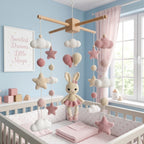 A pastel pink and cream crocheted baby mobile with a bunny plush, stars, balls, and clouds, hanging over a white crib in a light blue nursery room.