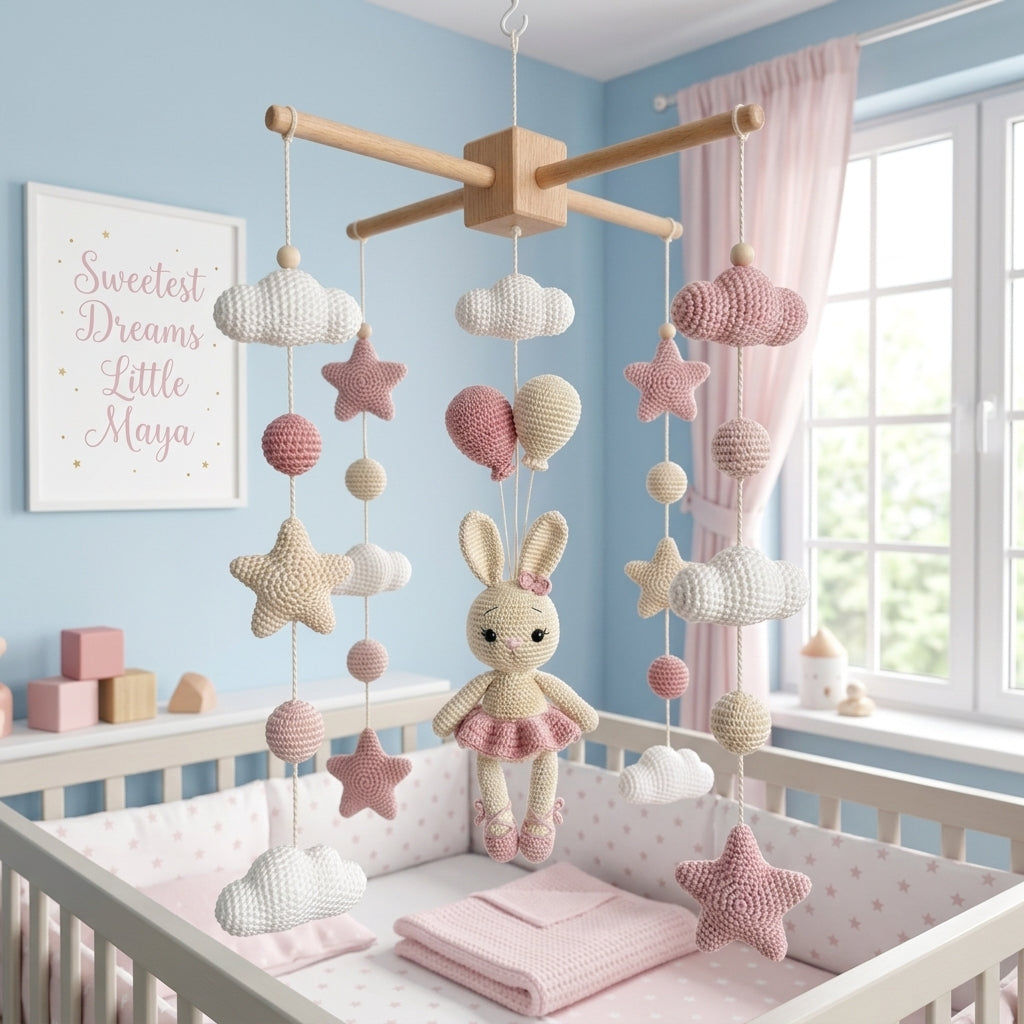 A pastel pink and cream crocheted baby mobile with a bunny plush, stars, balls, and clouds, hanging over a white crib in a light blue nursery room.