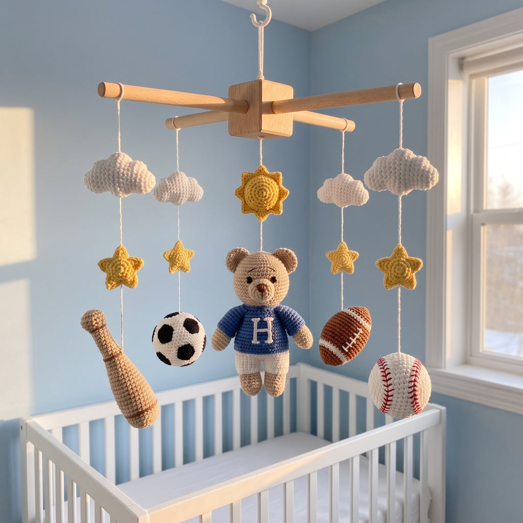 PersonalizedCrochet Sports Baby Mobile, Teddy Bear Crib Mobile