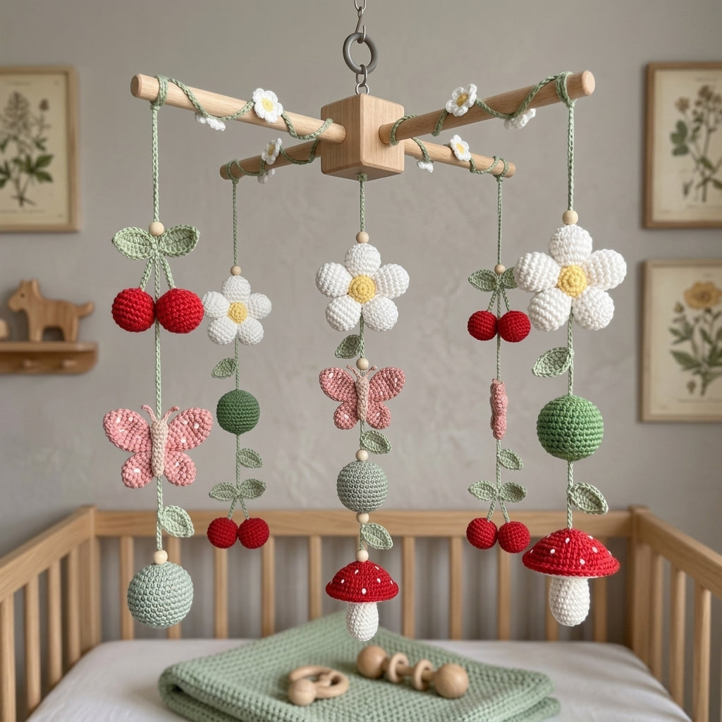 Crochet Garden Baby Mobile, Daisy Cherry Butterfly Mushroom Crib Mobile