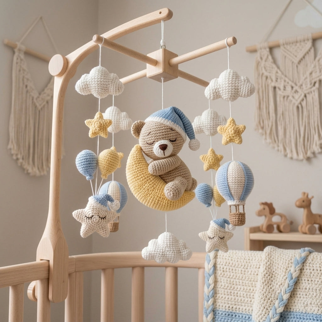 Crochet Teddy Bear Baby Mobile, Sleeping Bear on Moon Crib Mobile