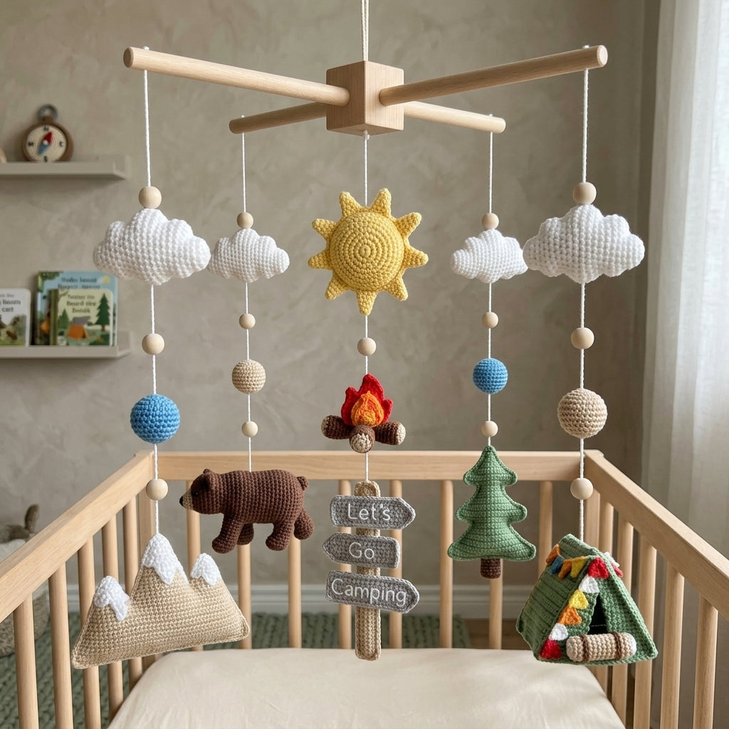 Crochet Camping Baby Mobile, Mountain Crib Mobile