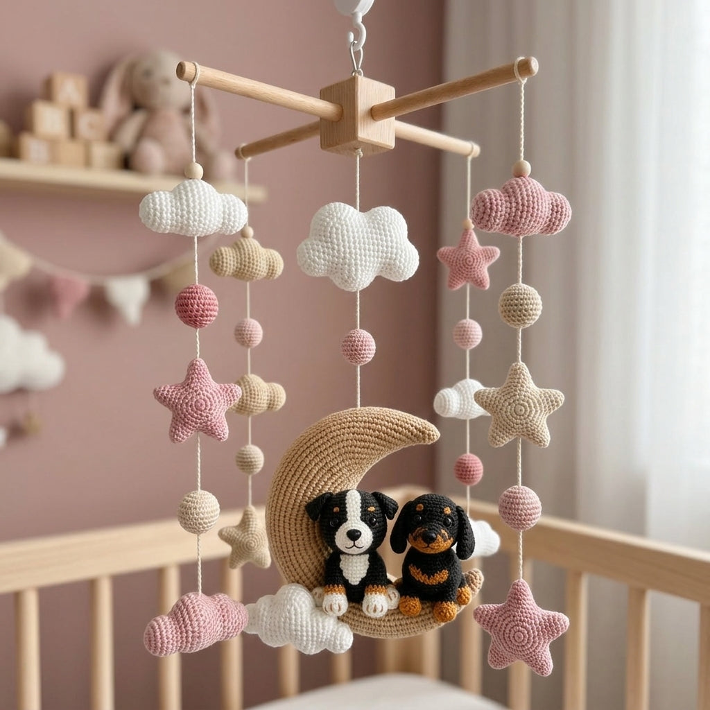 Crochet Dog Baby Mobile, Puppy Moon Crib Mobile