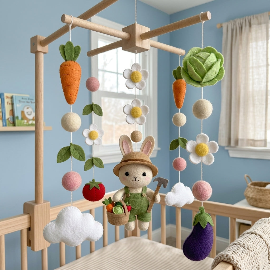 Felt Garden Bunny Baby Mobile, Farm Nursery Crib Decor Baby Shower Gift