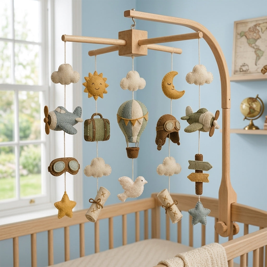 Felt Travel Baby Mobile with Airplane Hot Air Balloon Clouds Moon Stars and Pilot Theme Nursery Crib Decor Baby Shower Gift