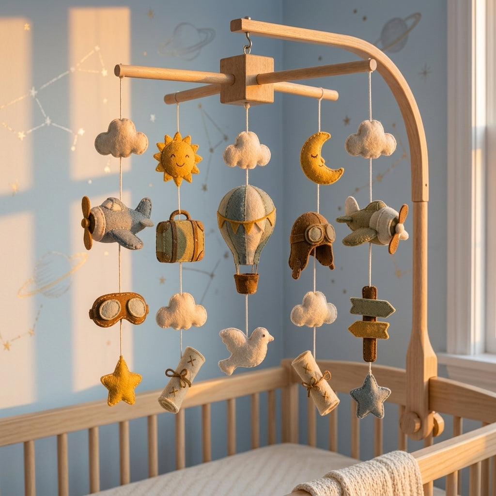 Felt Travel Baby Mobile with Airplane Hot Air Balloon Clouds Moon Stars and Pilot Theme Nursery Crib Decor Baby Shower Gift