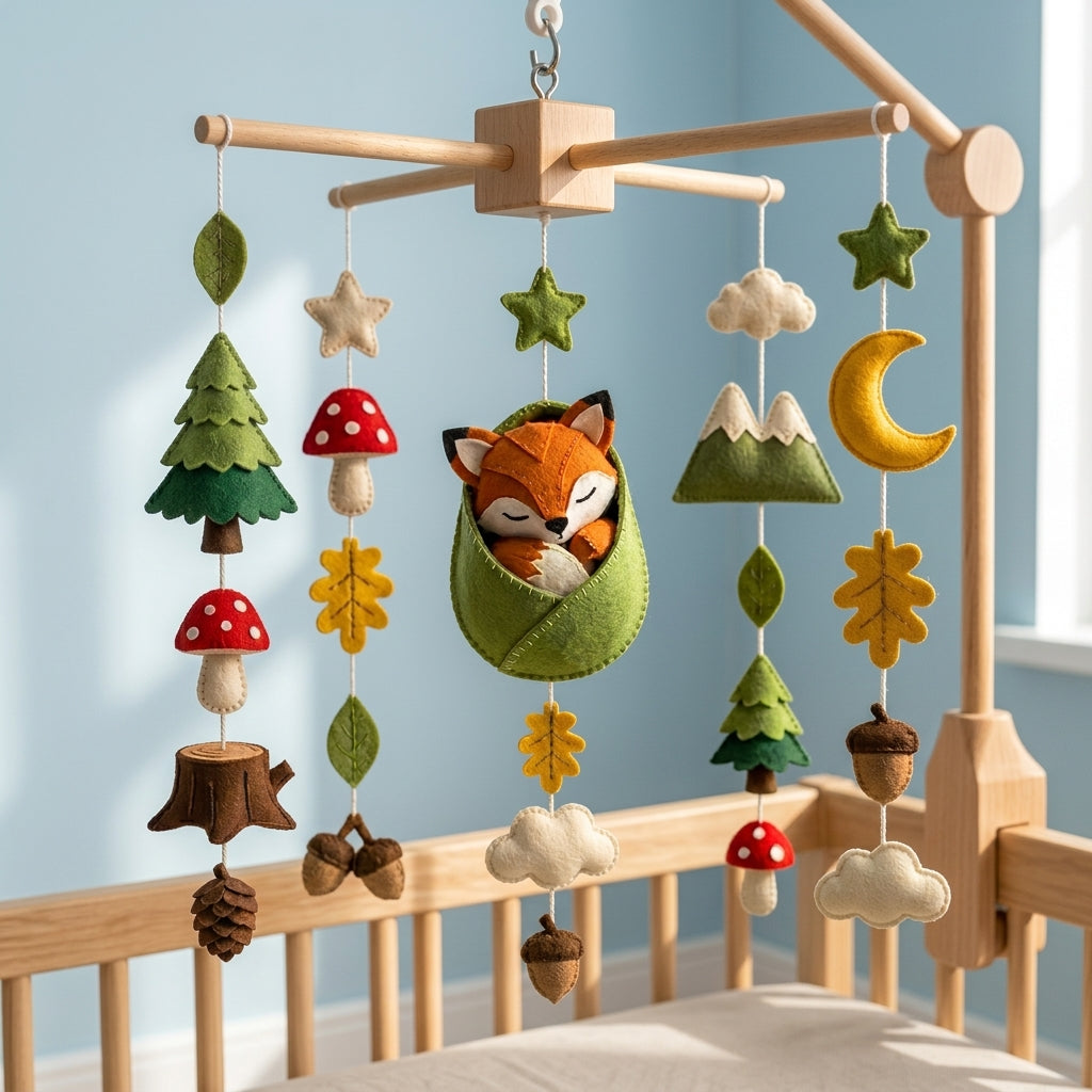 A wooden baby crib with a hanging felt mobile featuring a sleeping fox in a green burrow, surrounded by trees, mushrooms, clouds, stars, mountains, acorns, and a crescent moon, set against a soft blue wall.