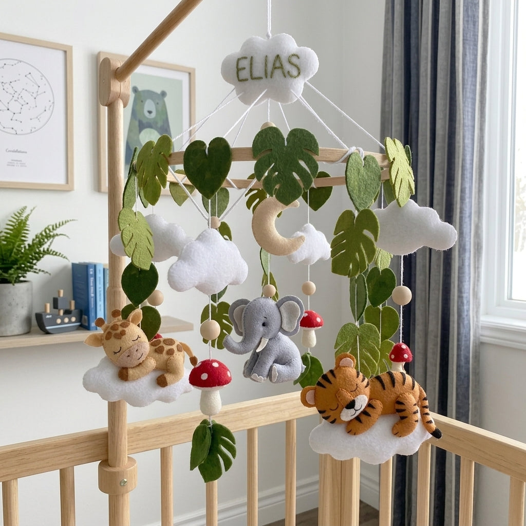 Felt safari baby mobile with sleeping giraffe, elephant, tiger, tropical leaves, clouds, moon and mushrooms