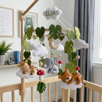 Personalized Felt Safari Baby Mobile with Giraffe Elephant Tiger Leaves Moon Clouds