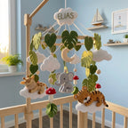 Personalized Felt Safari Baby Mobile with Giraffe Elephant Tiger Leaves Moon Clouds
